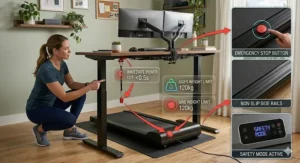 Visual guide highlighting the safety clip, emergency stop button, and non-slip side rails of an under-desk walking pad.