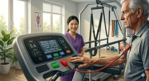 Close-up illustration of an emergency safety stop clip and lanyard attached to a senior rehabilitation treadmill console.