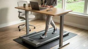 A sleek under-desk walking pad treadmill under 1000 dollars positioned beneath a standing desk in a home office.