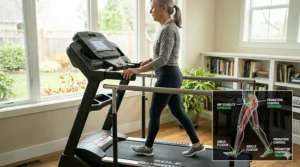 A close-up of a treadmill console display showing the screen interface and the large reversible belt direction indicator, labeled "KNEE REHAB MODE" and "REVERSIBLE BELT."