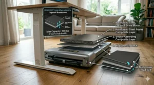 A conceptual graphic showing how using an office treadmill desk improves mental focus, energy levels, and daily work productivity.