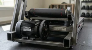 Detailed view of the powerful motor and shock-absorption deck on a 500 lb weight capacity treadmill.