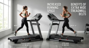 Side-by-side comparison showing the increased running space of an extra wide treadmill belt versus a standard width belt.