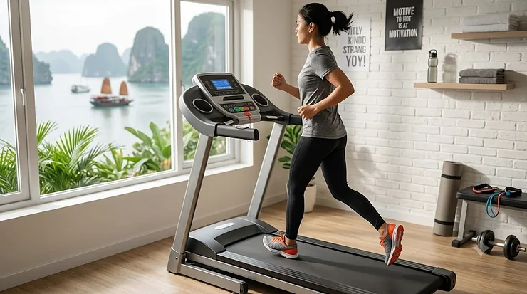 A modern entry level treadmill under 500 dollars set up in a bright home gym. entry level treadmill under $500