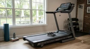 A compact folding treadmill for home use featuring a surprisingly roomy extra wide treadmill belt.