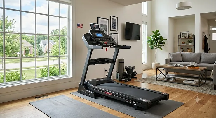A sleek mid-range treadmill under $1000 set up in a modern American living room home gym.