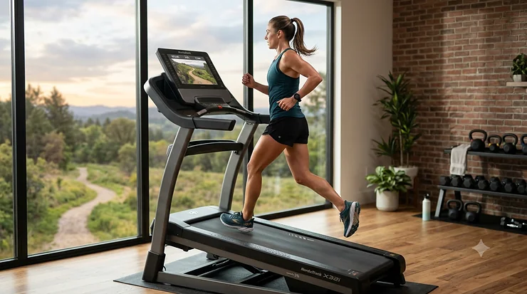 A runner training on a modern negative incline treadmill set to a decline angle to simulate downhill running.