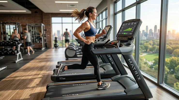 A woman with a ponytail happily runs on a high-tech Matrix treadmill near a large window with a city view in a modern gym.