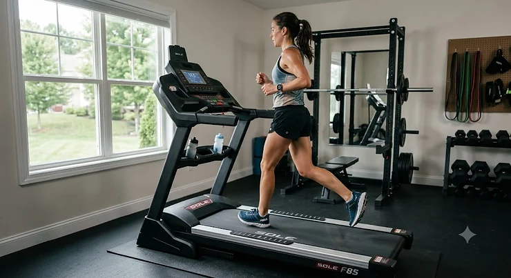 An athletic long-distance runner training on a heavy-duty treadmill designed for high-mileage running in a home gym.