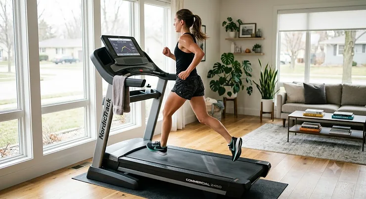 A runner performing high-intensity interval training on a premium home treadmill in a bright living room.