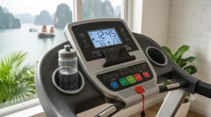 Close-up of an LCD screen on a budget home treadmill showing tracking metrics like speed and calories.