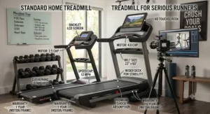 An infographic diagram comparing specs like belt size, speed caps, and warranty of a standard home gym unit versus a robust treadmill for serious runners.
