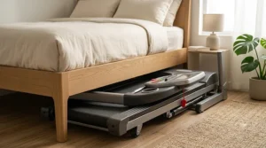 A flat, compact entry level treadmill being rolled and stored horizontally underneath a bed frame.