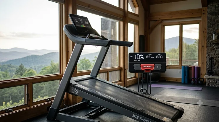 A modern motorized commercial treadmill showing a distinct negative tilt used for simulated trail simulation and downhill training. treadmill for downhill running training