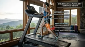 Diagram showing proper posture and knee alignment to prevent injury while doing downhill running training on a decline treadmill.