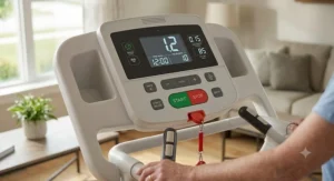 A high contrast, large font display screen on an easy to use treadmill for seniors tracking speed, distance, and time clearly.