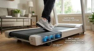 Illustration highlighting the shock absorbing cushioned walking belt of an easy to use treadmill for seniors to protect sensitive joints.