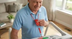 Close-up of a red emergency safety stop clip attached to an older adult's shirt while using a senior friendly treadmill.