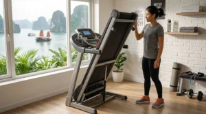 Illustration of a compact folding entry level treadmill under 500 dollars being folded upward to save space.