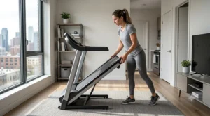 A photorealistic 4K image of a woman folding up a compact treadmill for easy storage in a small apartment