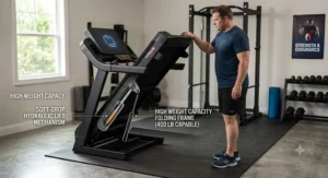 High weight capacity folding treadmill utilizing a soft-drop hydraulic lift mechanism for easy storage.