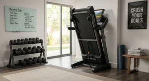A durable folding treadmill for serious runners with an easy-drop hydraulic system parked in a compact apartment living room.
