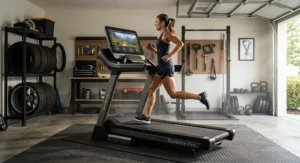 Endurance runner training at full speed on a durable high performance home treadmill in a garage gym.