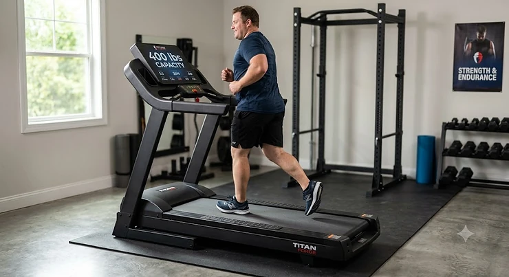 High weight capacity treadmill with a reinforced steel frame supporting up to 400 lbs for heavy runners. treadmill for heavy person
