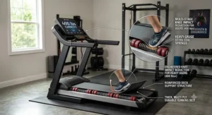 Diagram of a treadmill shock absorption system engineered to reduce knee impact for heavy users.