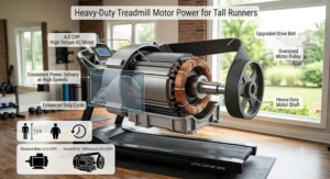 Diagram highlighting high-horsepower motor features required in treadmills for tall and heavy runners.