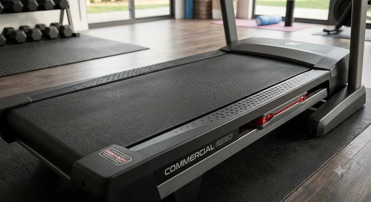 Close-up of a wide commercial-grade belt and shock absorption deck on a premium treadmill for serious runners.