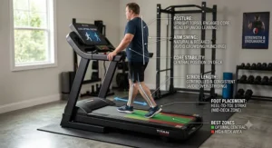 Guide showing correct posture, stride length, and foot placement for heavy adults walking on a treadmill.