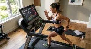 Athlete monitoring heart rate and speed metrics during a high intensity interval training session on a home treadmill.