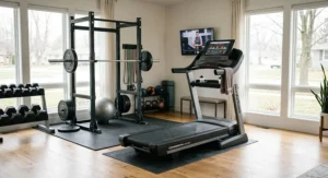 A dedicated home gym space featuring a professional treadmill optimized for interval training next to fitness gear.