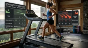 A compact premium folding treadmill capable of negative inclines placed inside a bright home gym space.