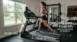 Side view illustration of a treadmill featuring automatic incline and decline settings for simulated high-mileage hill workouts.