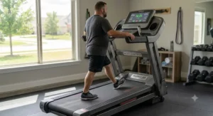 User performing an incline walking workout on a sturdy treadmill rated for a 500 lb weight capacity.