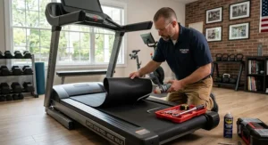 A fitness technician servicing and lubricating a replacement extra wide treadmill belt on a folding cardio machine.
