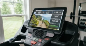 A close-up of a treadmill console displaying virtual training routes and performance metrics for high-mileage runners.