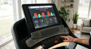 Close-up of a smart treadmill console displaying a high-intensity interval training program with heart rate metrics.