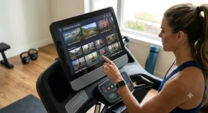 Close-up of a user selecting a virtual fitness class on a high performance home treadmill touchscreen.
