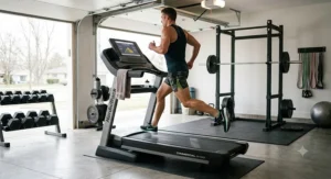 A male athlete mid-stride during a fast-paced interval run on a home treadmill in a garage gym.