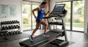 An athlete practicing uphill interval training on a high-speed treadmill for serious runners looking to build marathon endurance.
