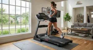 A runner exercising on the cushioned deck of a mid-range treadmill under $1000.