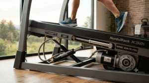 An illustrated diagram highlighting the deck lift mechanism of a negative incline treadmill that enables downward tilt.