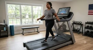 A comfortable walking workout session on an accessible fitness machine built with an extra wide treadmill belt.