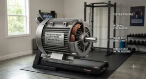 Close-up illustration of a high-horsepower continuous-duty motor designed for heavy-duty treadmills.
