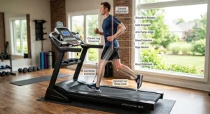 Illustration showing proper posture and full stride extension for a tall runner on a home treadmill.