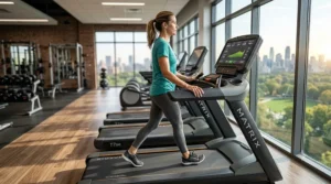 A 4K photorealistic side profile view of a woman walking with tall posture and level gaze on a Matrix treadmill in a sunlit gym, demonstrating proper form.