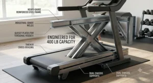 Detailed diagram highlighting the durable steel frame construction of a treadmill with 400 lb weight capacity.